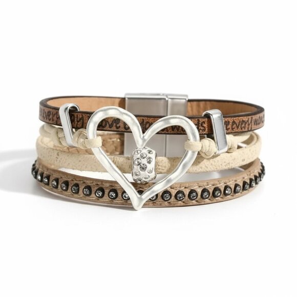 Light French Beige Heart Shape Magnetic Buckle Multi Layered Bracelet - Picture 2 of 4